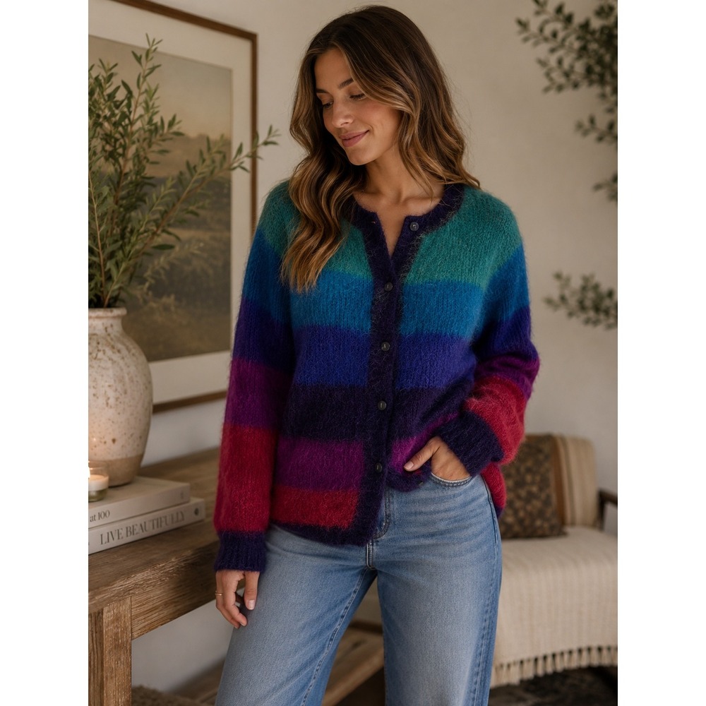 Unbranded Cardigan Womens XL Multicolor Fuzzy Striped Retro Artsy Indie Sweater